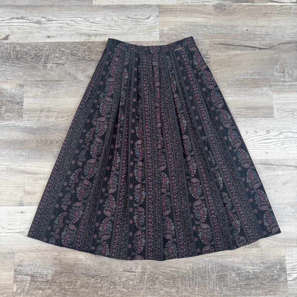 Vintage Geiger Austria Pleated Floral Cotton Midi Skirt Black Folk 80s 90s 40 M